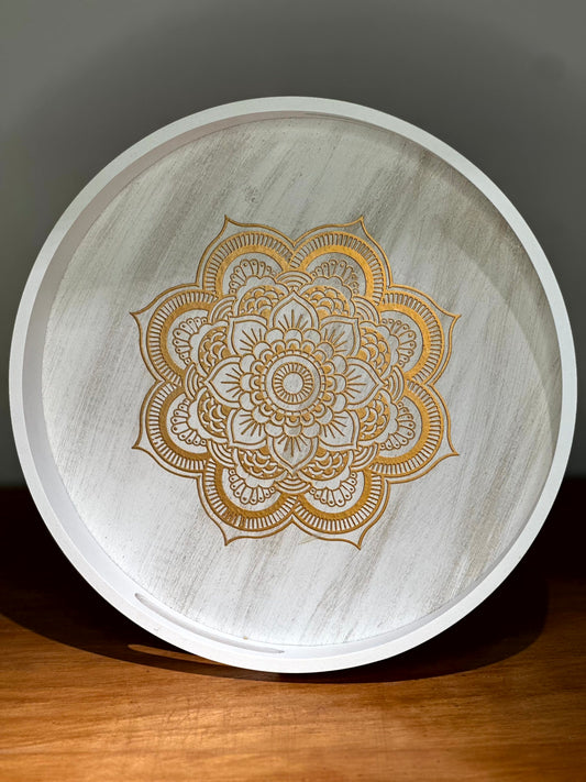 Bandeja Decorativa Redonda Blanca con Mandala – 2 Tamaños