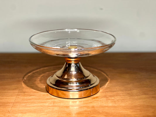 Pedestal de Vidrio con Base Dorada