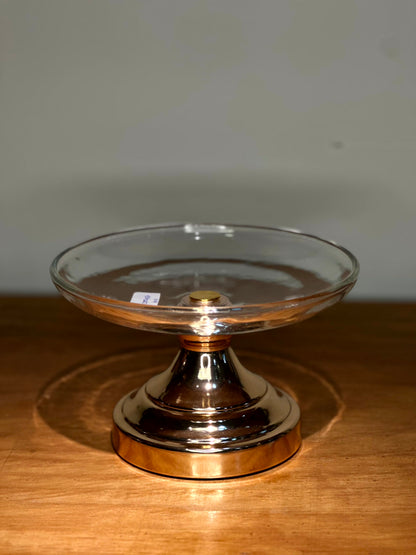 Pedestal de Vidrio con Base Dorada