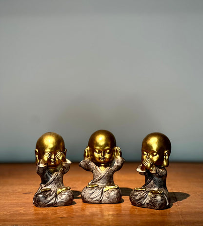 Pack de 3 Monjes Sabios Dorados – “No ver, no oír, no hablar”