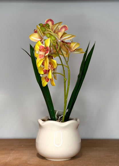 Orquídea Artificial Amarilla en Macetero Blanco
