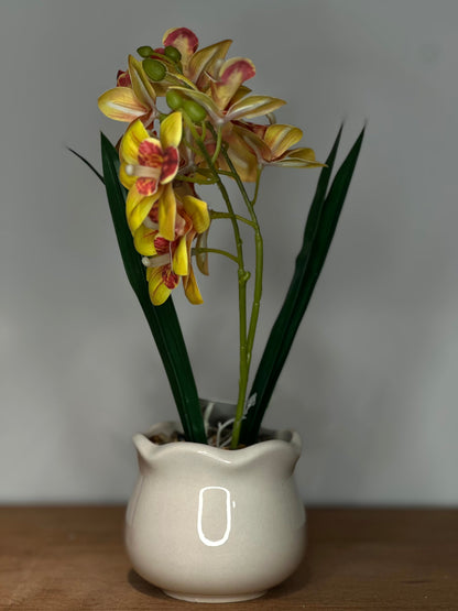 Orquídea Artificial Amarilla en Macetero Blanco