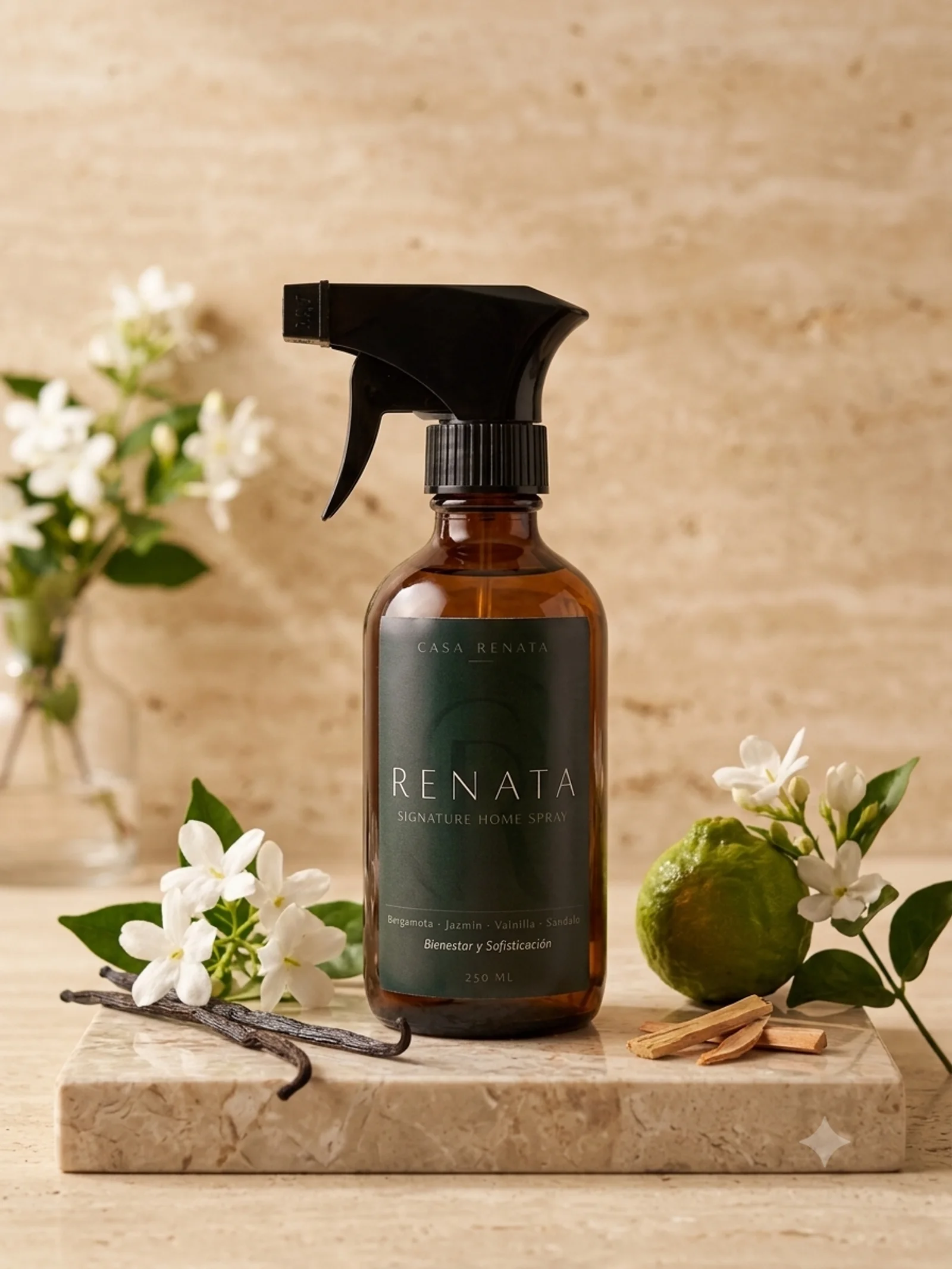 Home spray Renata de Casa Renata sobre mármol, con jazmín, bergamota y vainilla