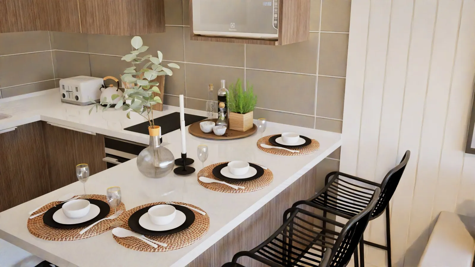 Barra de cocina puesta para cuatro personas, con menaje y mantelería