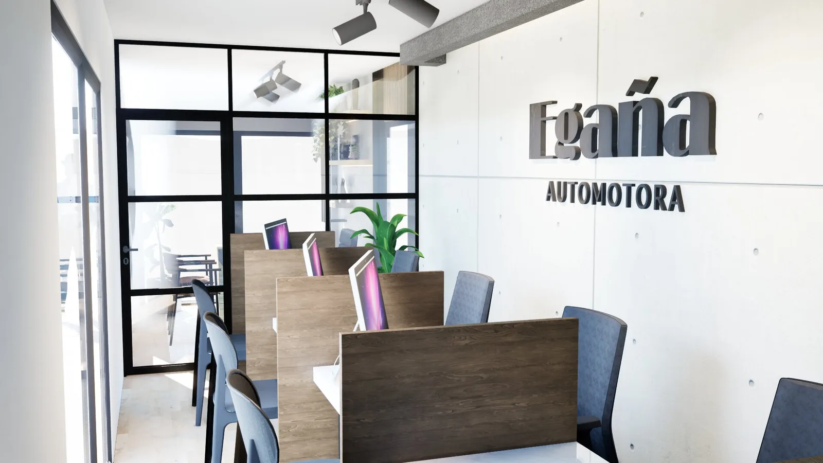 Sala de atención con identidad de marca Egaña Automotora