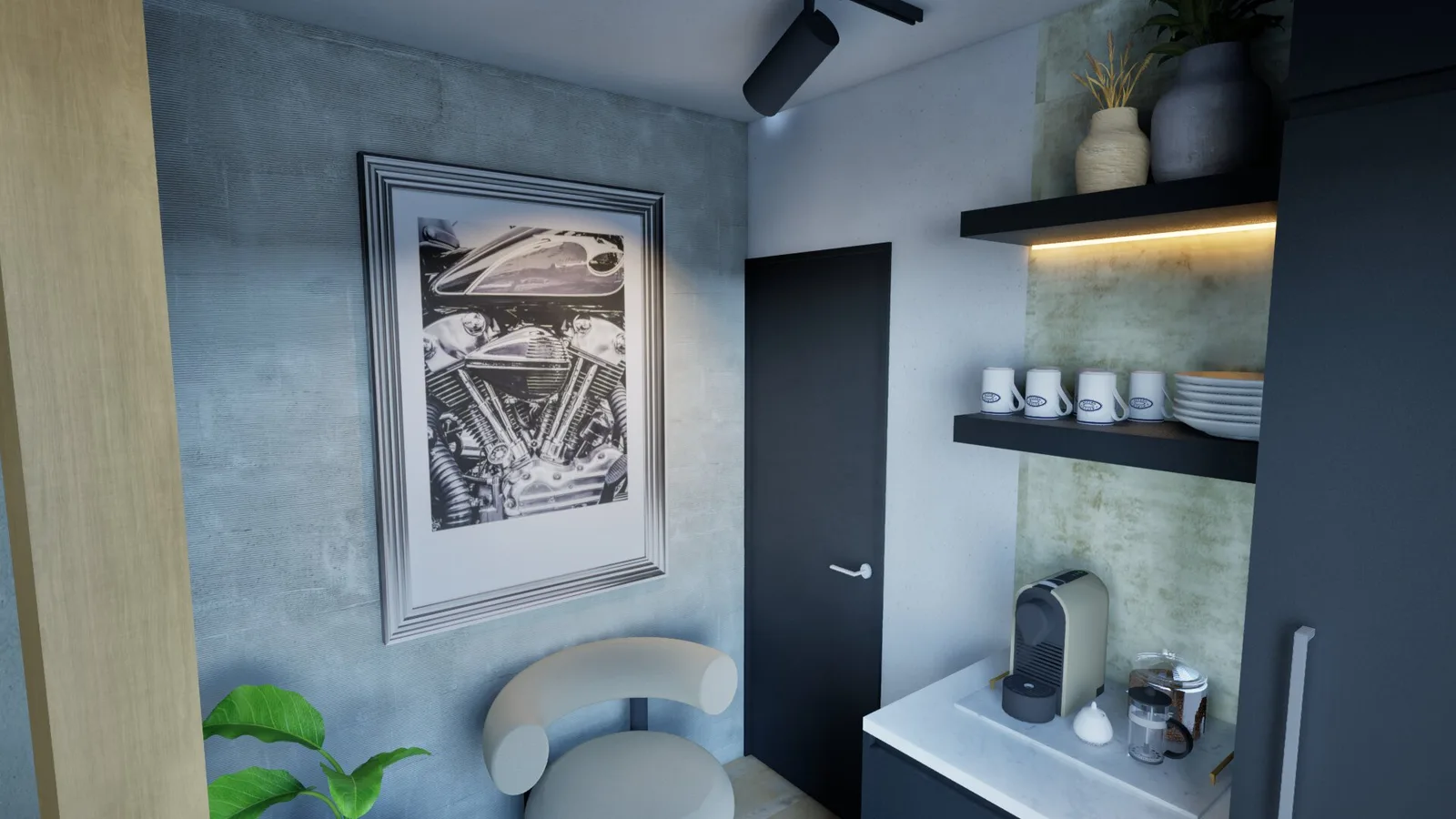 Sala con obra gráfica enmarcada